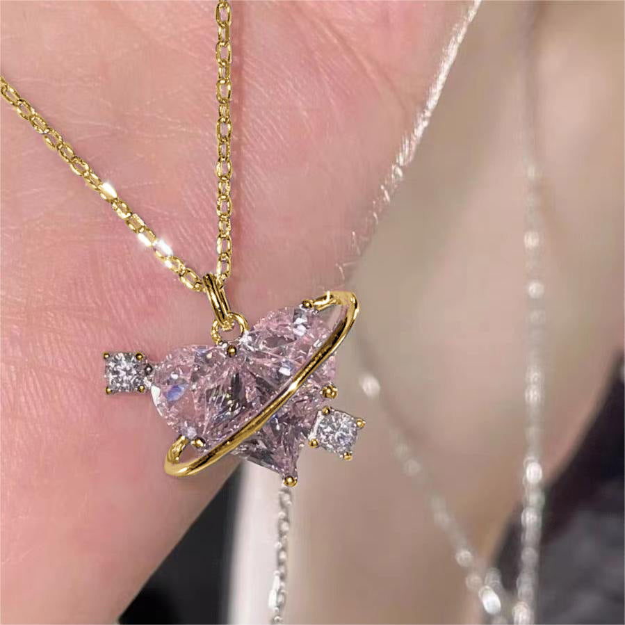 Wholesale Pink rhinestone heart necklace clavicle chain